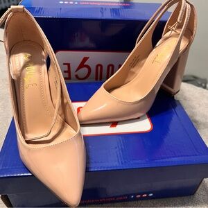 Pointed Toe Ankle Strap Block Heel Pumps - Nude Patent